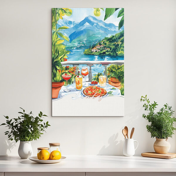 Aquarelverfschilderij van een tafel met drankjes en uitzicht op een meer Canvas Schilderijen Aquarelverfschilderij van een tafel met drankjes en uitzicht op een meer
