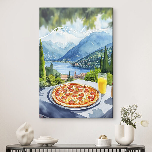 Pizza en sap op een tafel met bergen en bomen Canvas Schilderijen Pizza en sap op een tafel met bergen en bomen
