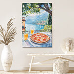 Canvas Schilderijen Aquarel van een pizza en drankjes op een tafel