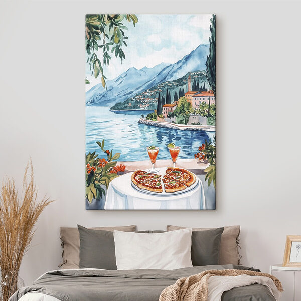 Aquarel van een tafel met eten en een meer op de achtergrond Canvas Schilderijen Aquarel van een tafel met eten en een meer op de achtergrond