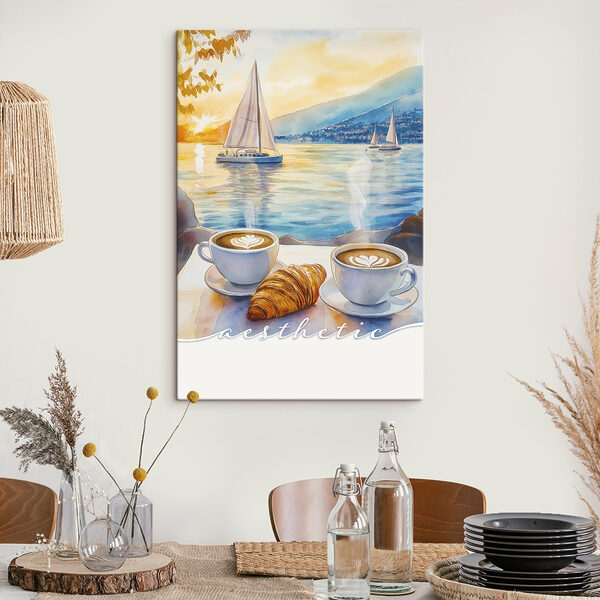 Twee kopjes koffie en croissant op een tafel met een zeilboot op de achtergrond Canvas Schilderijen Twee kopjes koffie en croissant op een tafel met een zeilboot op de achtergrond