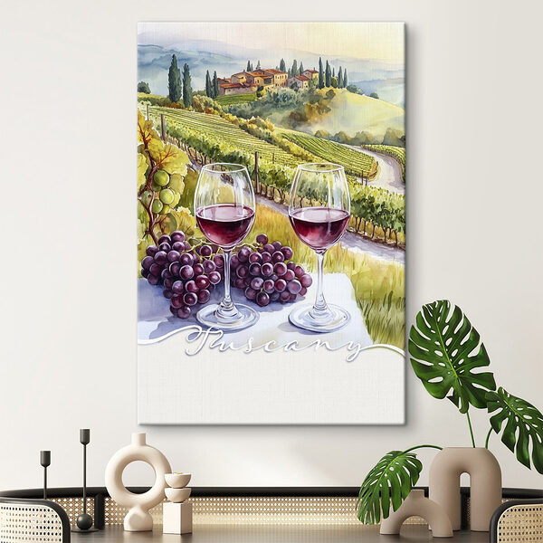 Wijnglazen en druiven op een tafel Canvas Schilderijen Wijnglazen en druiven op een tafel