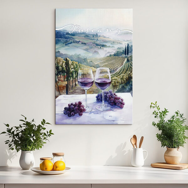 Aquarel van wijnglazen en druiven op een tafel Canvas Schilderijen Aquarel van wijnglazen en druiven op een tafel