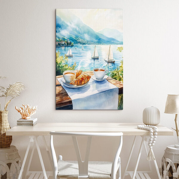 Aquarel van een tafel met koffie en croissants erop Canvas Schilderijen Aquarel van een tafel met koffie en croissants erop