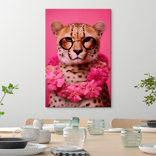 Luipaard met bril en bloemenketting Canvas Schilderijen Luipaard met bril en bloemenketting