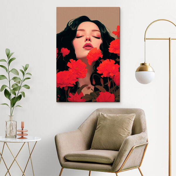 Vrouw met lang zwart haar omringd door rode bloemen Canvas Schilderijen Vrouw met lang zwart haar omringd door rode bloemen