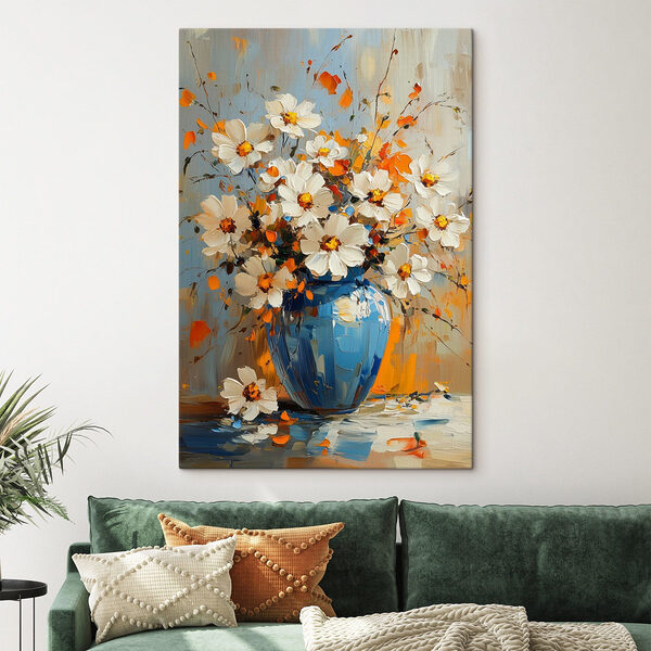 Schilderij van bloemen in een blauwe vaas Canvas Schilderijen Schilderij van bloemen in een blauwe vaas