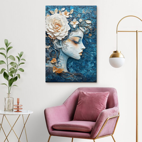 Schilderij van een vrouw met bloemen in haar haar Canvas Schilderijen Schilderij van een vrouw met bloemen in haar haar