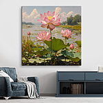 Canvas Schilderijen Roze bloemen op een meer
