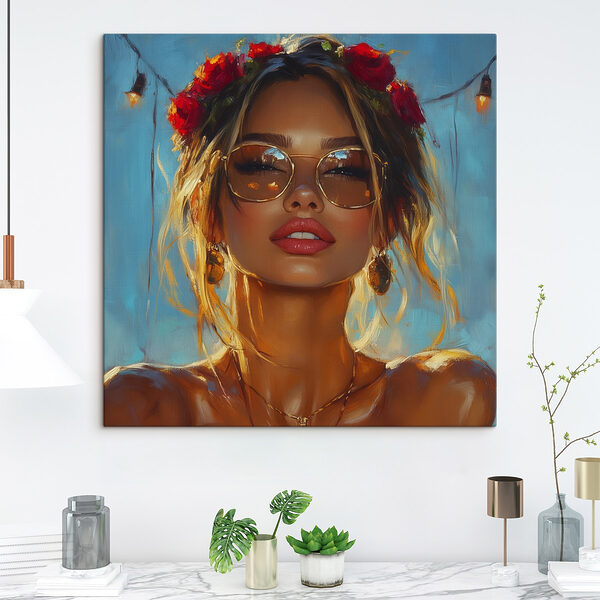 Vrouw met bloemen in haar haar en zonnebril Canvas Schilderijen Vrouw met bloemen in haar haar en zonnebril