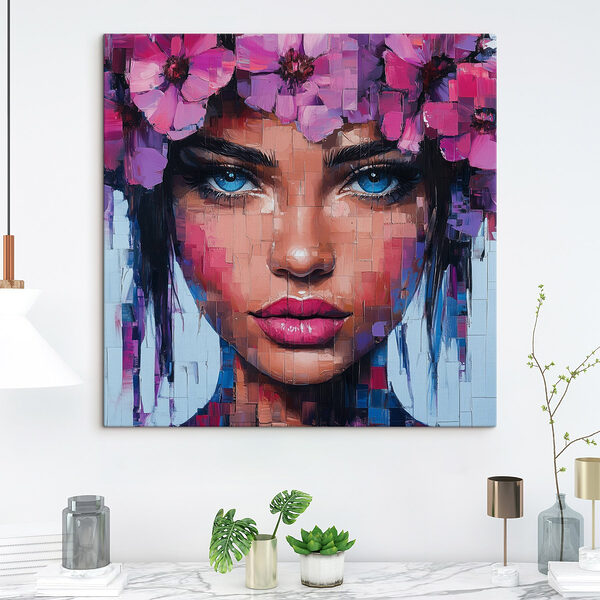 Schilderij van een vrouw met bloemen in haar haar Canvas Schilderijen Schilderij van een vrouw met bloemen in haar haar