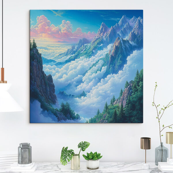 Bergketen met wolken en bomen Canvas Schilderijen Bergketen met wolken en bomen