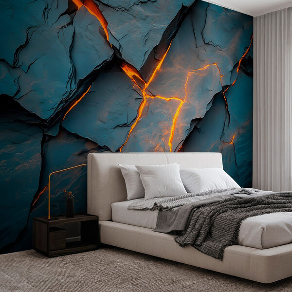 Gebarsten rots met oranje verlichting Fotobehang Gebarsten rots met oranje verlichting