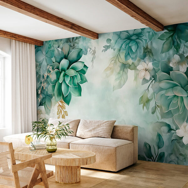 Schilderen van groene planten en bloemen Fotobehang Schilderen van groene planten en bloemen