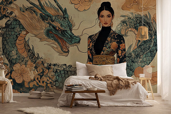 Vrouw in een kimono en een draak Fotobehang Vrouw in een kimono en een draak