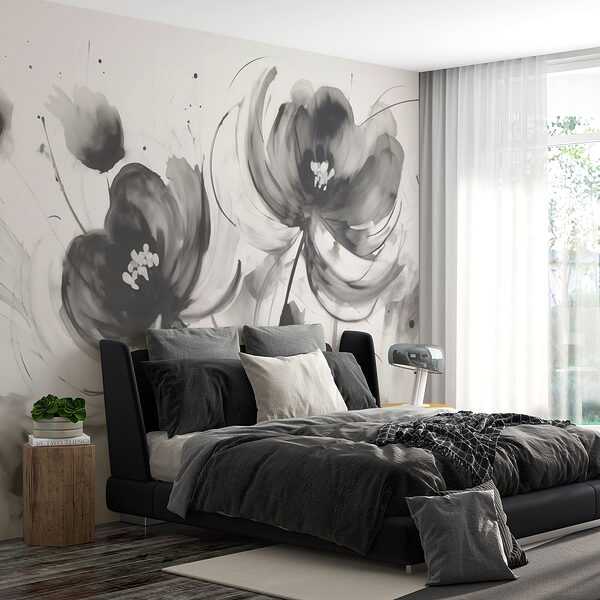 Schilderij van bloemen op een wit oppervlak Fotobehang Schilderij van bloemen op een wit oppervlak