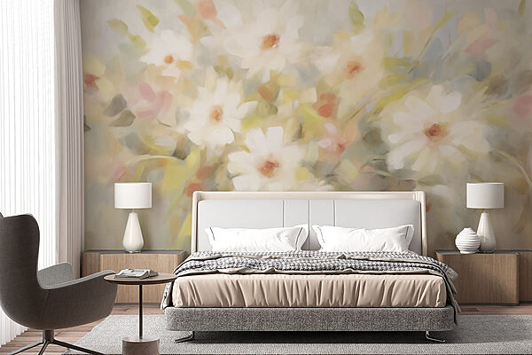 Schilderij van witte bloemen Fotobehang Schilderij van witte bloemen