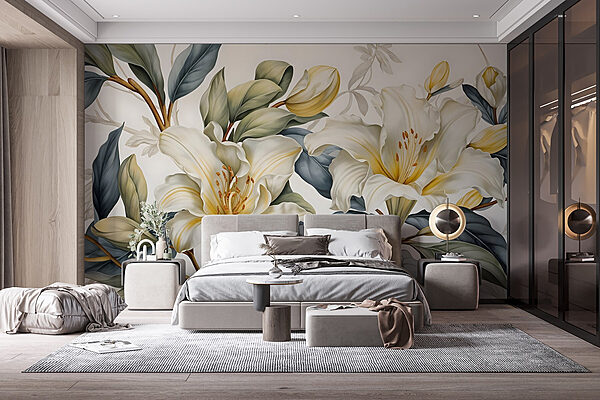 Elegante bloemen tussen weelderig groen Fotobehang Elegante bloemen tussen weelderig groen