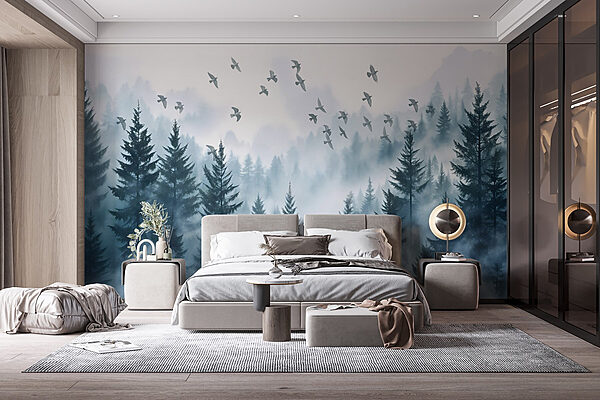 Vogels vliegen over een bos Fotobehang Vogels vliegen over een bos
