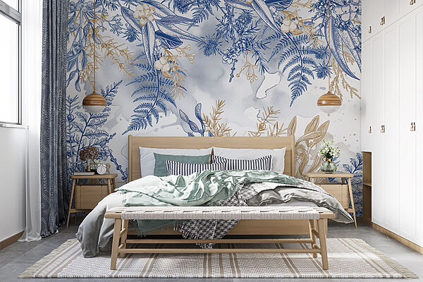 Blauw en wit bloemenpatroon Fotobehang Blauw en wit bloemenpatroon