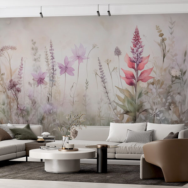 Schilderij van bloemen in een veld Fotobehang Schilderij van bloemen in een veld