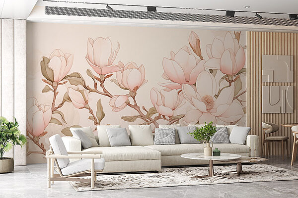 Schilderij van bloemen op een tak Fotobehang Schilderij van bloemen op een tak