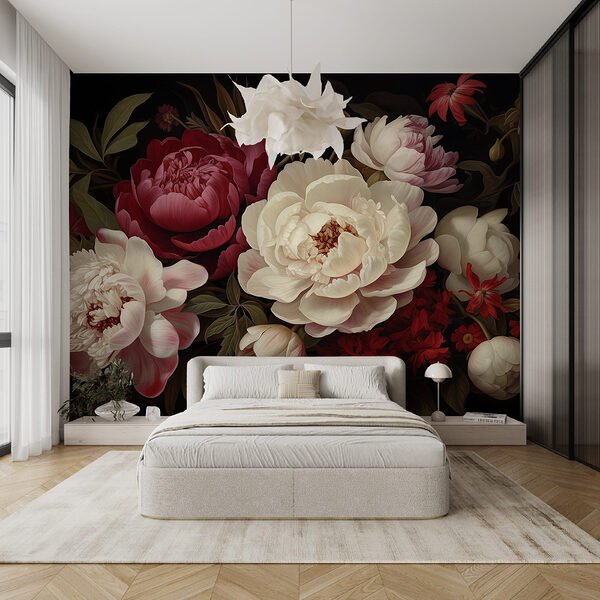 Schilderij van bloemen op zwarte achtergrond Fotobehang Schilderij van bloemen op zwarte achtergrond