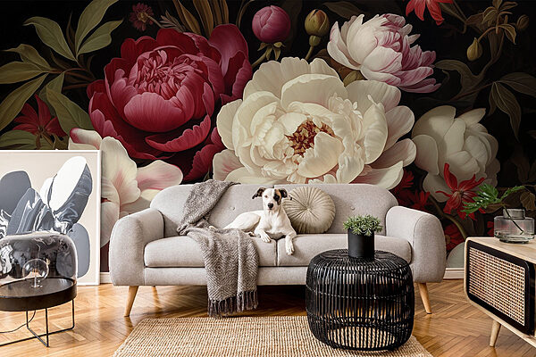 Fotobehang Schilderij van bloemen op zwarte achtergrond