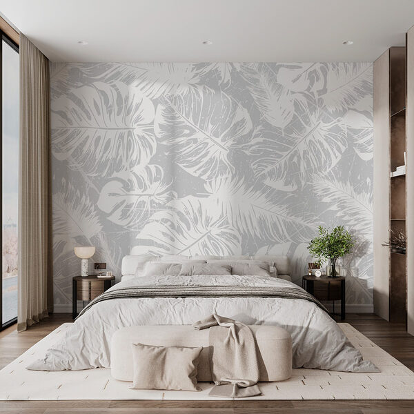 Wall murals White leaves on a gray background Fotobehang Wall murals White leaves on a gray background