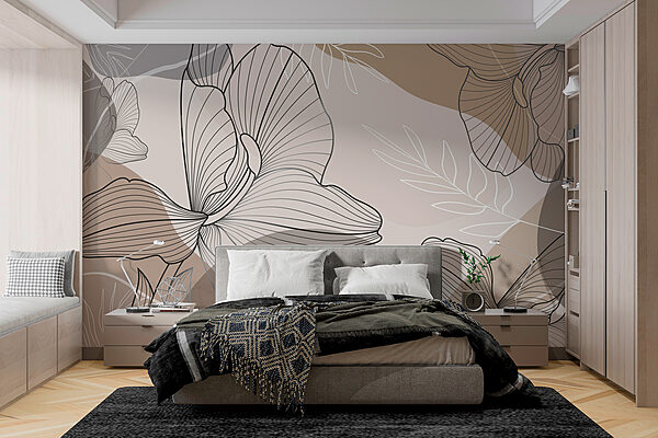 Elegant lijnmotief met bloemen Fotobehang Elegant lijnmotief met bloemen