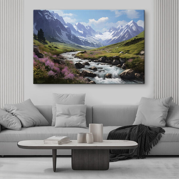 Rivier stroomt door een vallei met besneeuwde bergen Canvas Schilderijen Rivier stroomt door een vallei met besneeuwde bergen