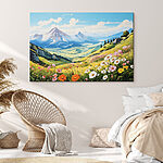 Canvas Schilderijen Landschap met bergen en bloemen