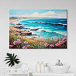 Canvas Schilderijen Schilderij van een strand met bloemen en golven