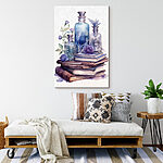 Canvas Schilderijen Aquarel van een stapel boeken en flessen