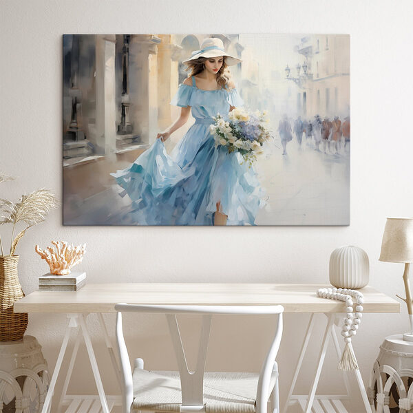 Vrouw in een blauwe jurk met bloemen Canvas Schilderijen Vrouw in een blauwe jurk met bloemen