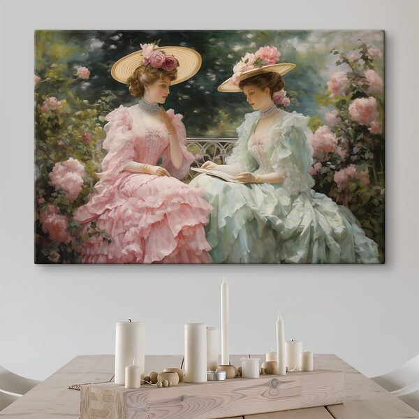 Schilderij van vrouwen in jurken en hoeden Canvas Schilderijen Schilderij van vrouwen in jurken en hoeden