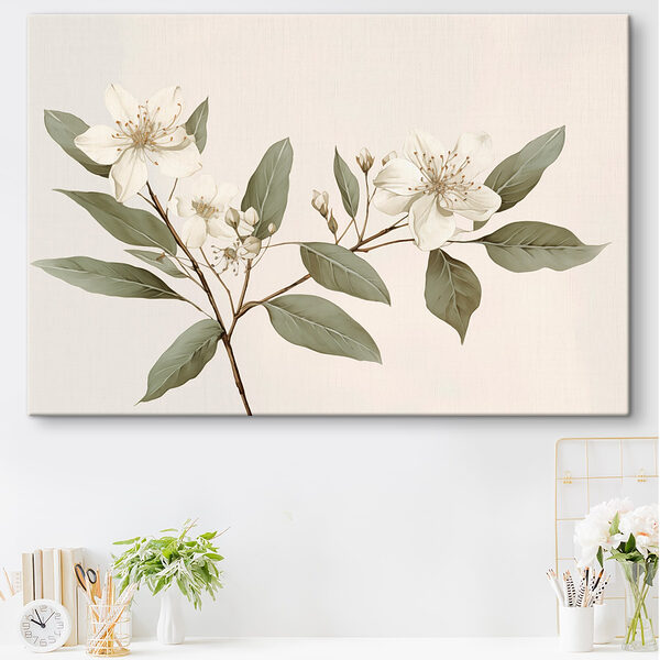 Witte bloemen en bladeren aan een tak Canvas Schilderijen Witte bloemen en bladeren aan een tak