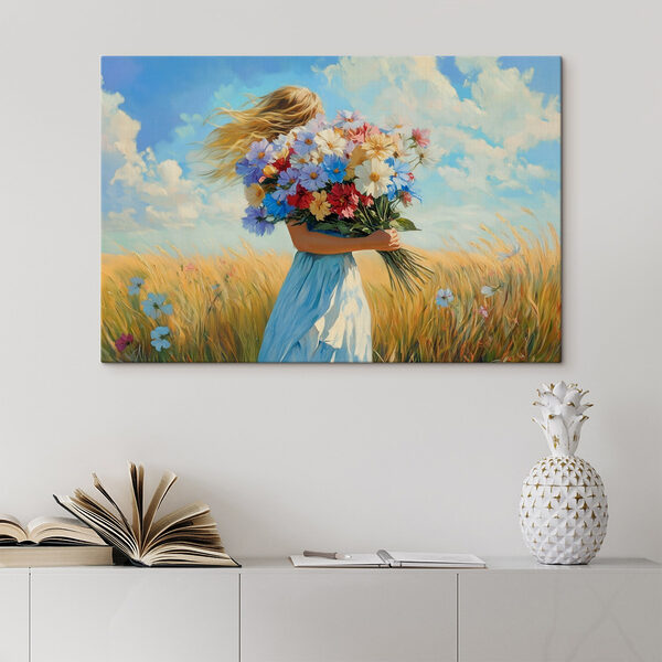 Vrouw met boeket bloemen Canvas Schilderijen Vrouw met boeket bloemen