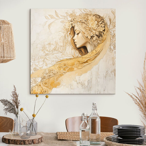 Schilderij van een vrouw met bloemen in haar haar Canvas Schilderijen Schilderij van een vrouw met bloemen in haar haar