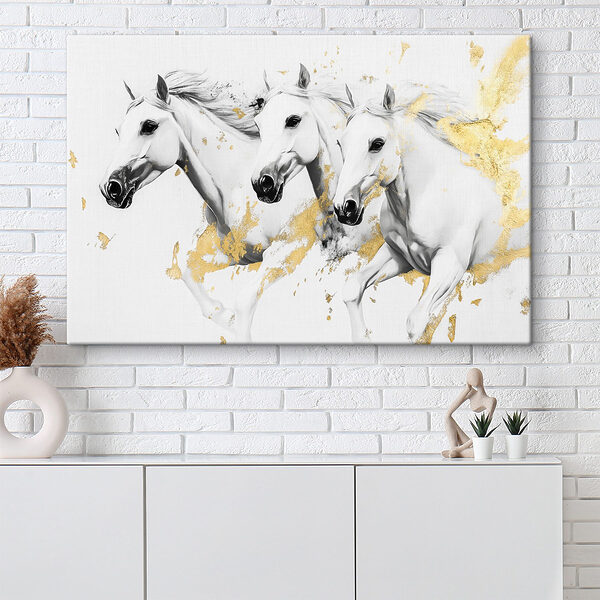 Groep witte paarden in looppas Canvas Schilderijen Groep witte paarden in looppas
