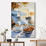 Canvas Schilderijen Aquarel van twee kopjes koffie en een croissant op een tafel