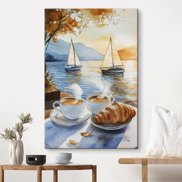 Aquarel van twee kopjes koffie en een croissant op een tafel Canvas Schilderijen Aquarel van twee kopjes koffie en een croissant op een tafel