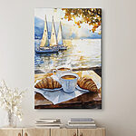 Canvas Schilderijen Aquarel van een tafel met koffie en croissants