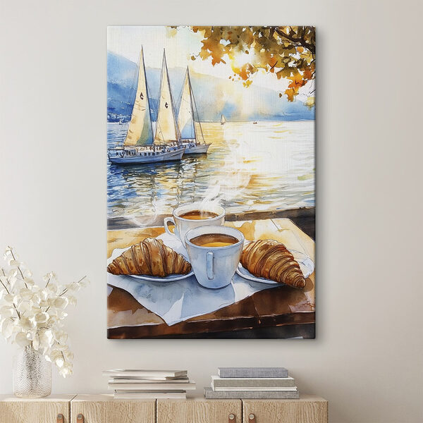 Aquarel van een tafel met koffie en croissants Canvas Schilderijen Aquarel van een tafel met koffie en croissants