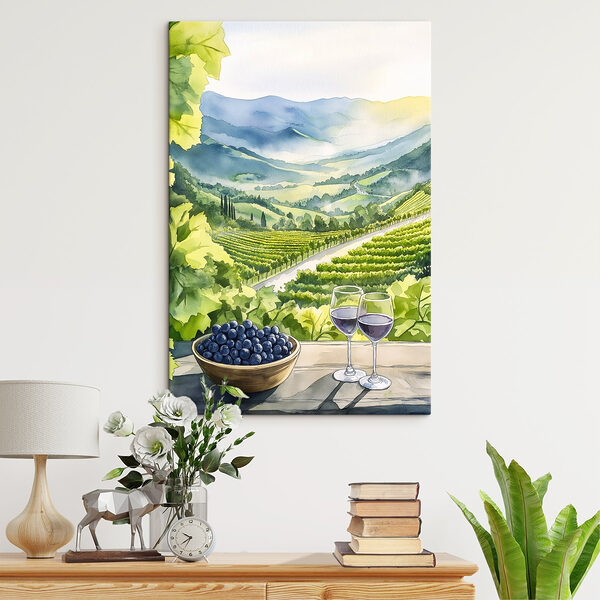 Schilderij van wijnglazen en druiven op een tafel voor een wijngaard Canvas Schilderijen Schilderij van wijnglazen en druiven op een tafel voor een wijngaard