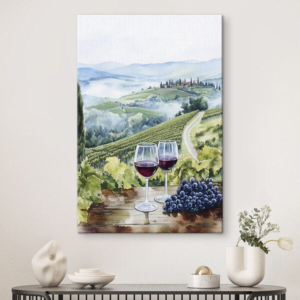 Aquarel van wijnglazen op een tafel met druiven en heuvels op de achtergrond Canvas Schilderijen Aquarel van wijnglazen op een tafel met druiven en heuvels op de achtergrond