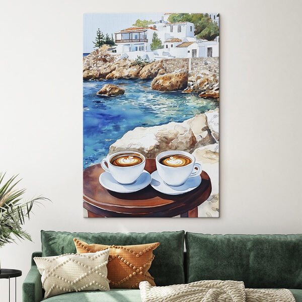 Twee kopjes koffie op een tafel naast een watermassa Canvas Schilderijen Twee kopjes koffie op een tafel naast een watermassa