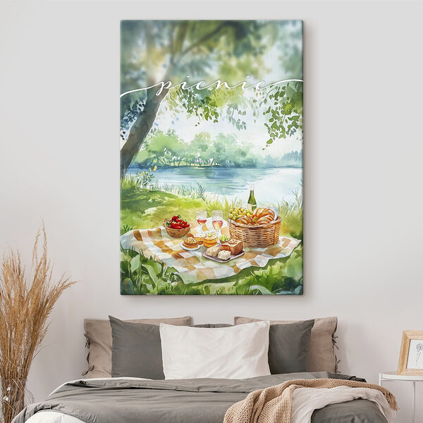 Aquarel schilderij van een picknick met eten en wijn op een deken bij een meer Canvas Schilderijen Aquarel schilderij van een picknick met eten en wijn op een deken bij een meer