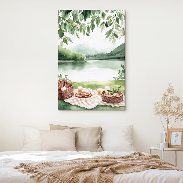 Aquarelverfschilderij van een picknickkleed met een mand en eten erop Canvas Schilderijen Aquarelverfschilderij van een picknickkleed met een mand en eten erop