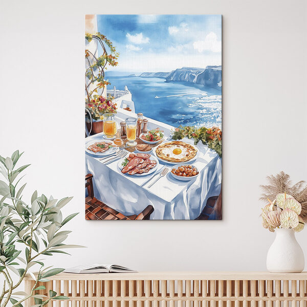 Aquarel schilderij van eten op een tafel met uitzicht op een watermassa Canvas Schilderijen Aquarel schilderij van eten op een tafel met uitzicht op een watermassa
